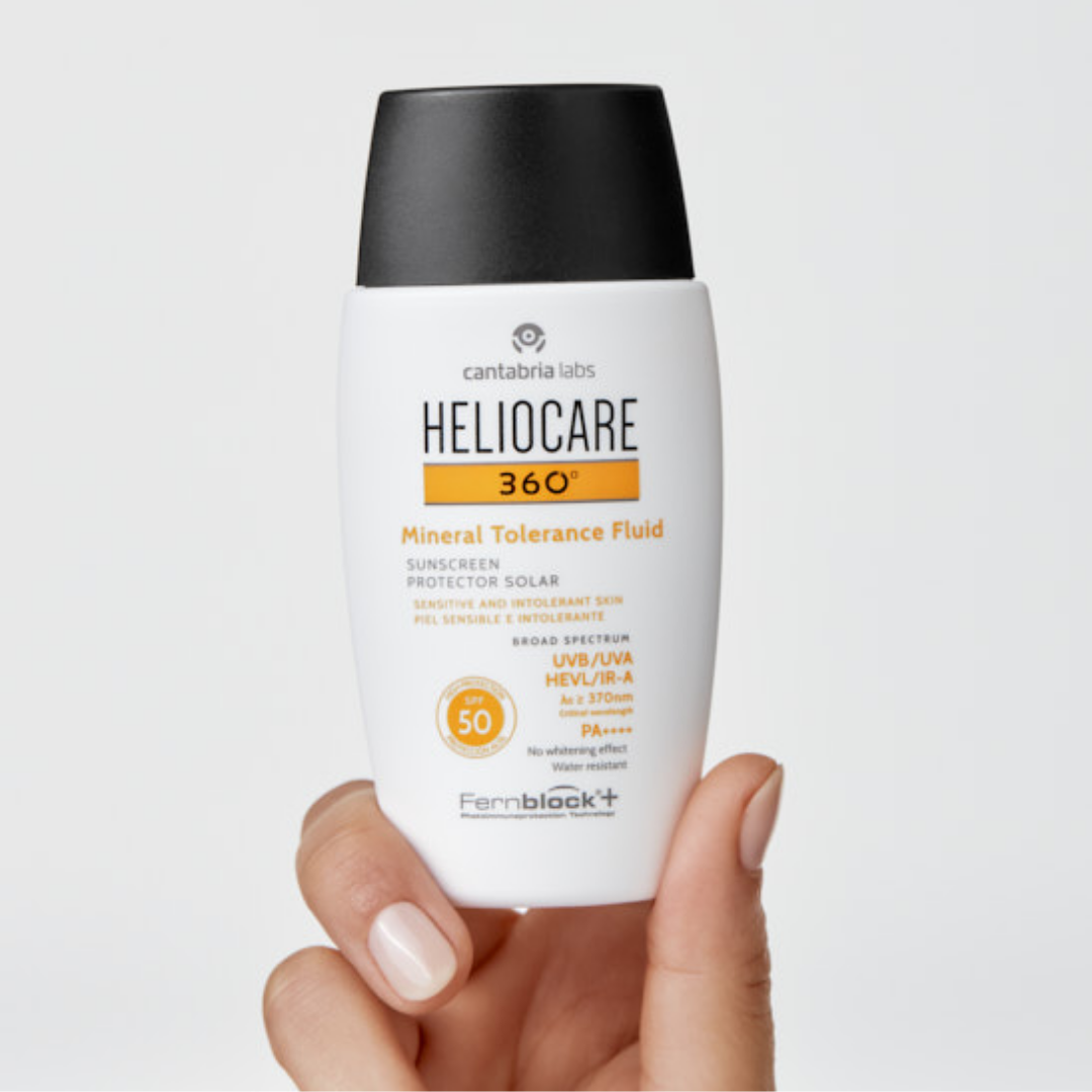 Heliocare 360° Mineral Tolerance Fluid SPF50+ – Écran solaire fluide 100% minéral, très haute protection SPF50+, spécial peaux sensibles et intolérantes – Disponible sur La Para du Lac, parapharmacie en ligne N°1 en Tunisie.