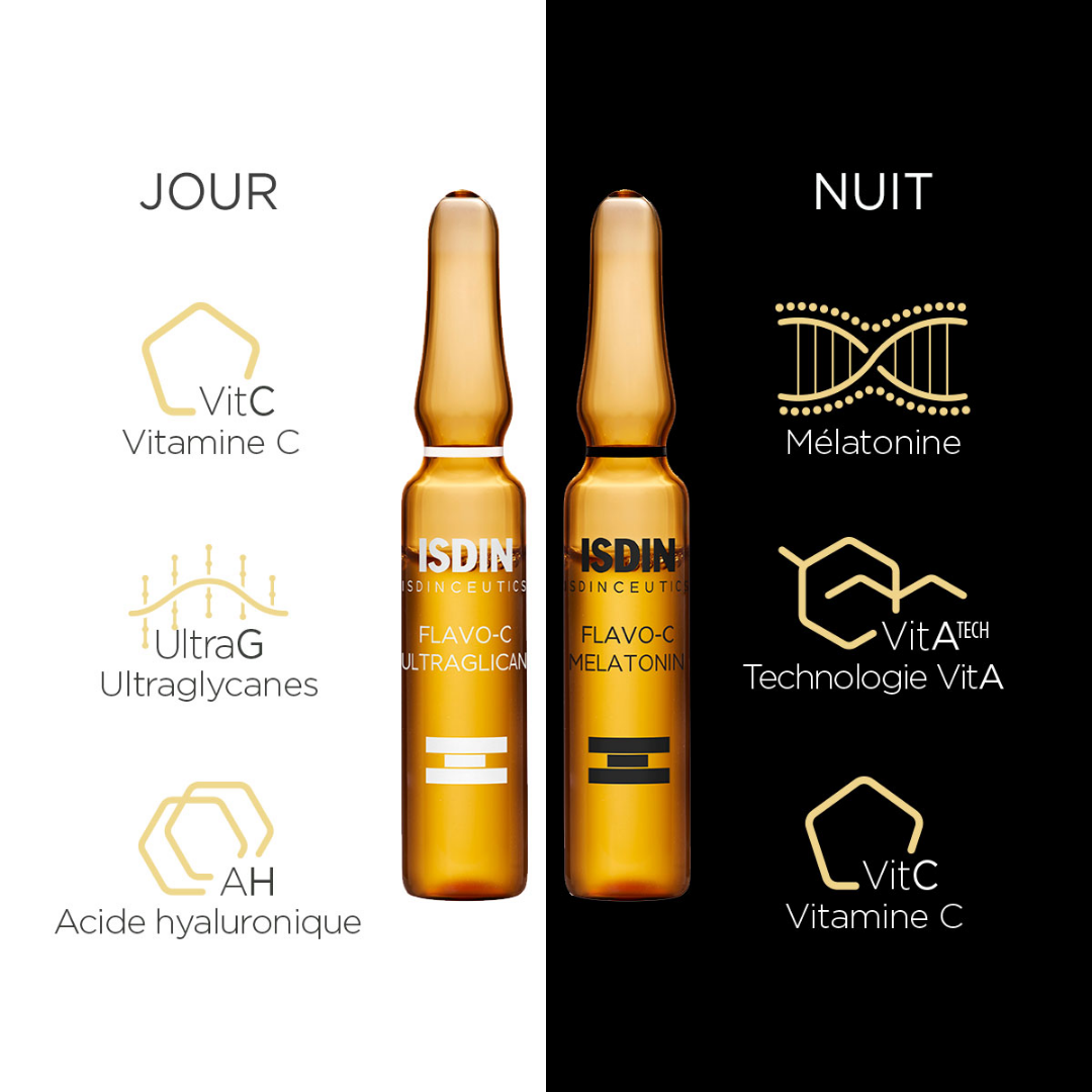 ISDIN ISDINCEUTICS Flavo-C Melatonin & Ultraglican 2x10 ampoules – Routine antioxydante jour/nuit – Disponible sur laparadulac.com – Laparadulac Parapharmacie Tunisie.

