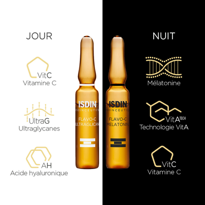 ISDIN ISDINCEUTICS Flavo-C Melatonin & Ultraglican 2x10 ampoules – Routine antioxydante jour/nuit – Disponible sur laparadulac.com – Laparadulac Parapharmacie Tunisie.

