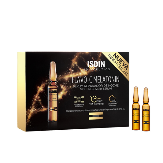 ISDIN Flavo-C Melatonin 10 ampoules – Sérum visage réparateur nuit à la mélatonine – Disponible sur laparadulac.com – Laparadulac Parapharmacie Tunisie.

