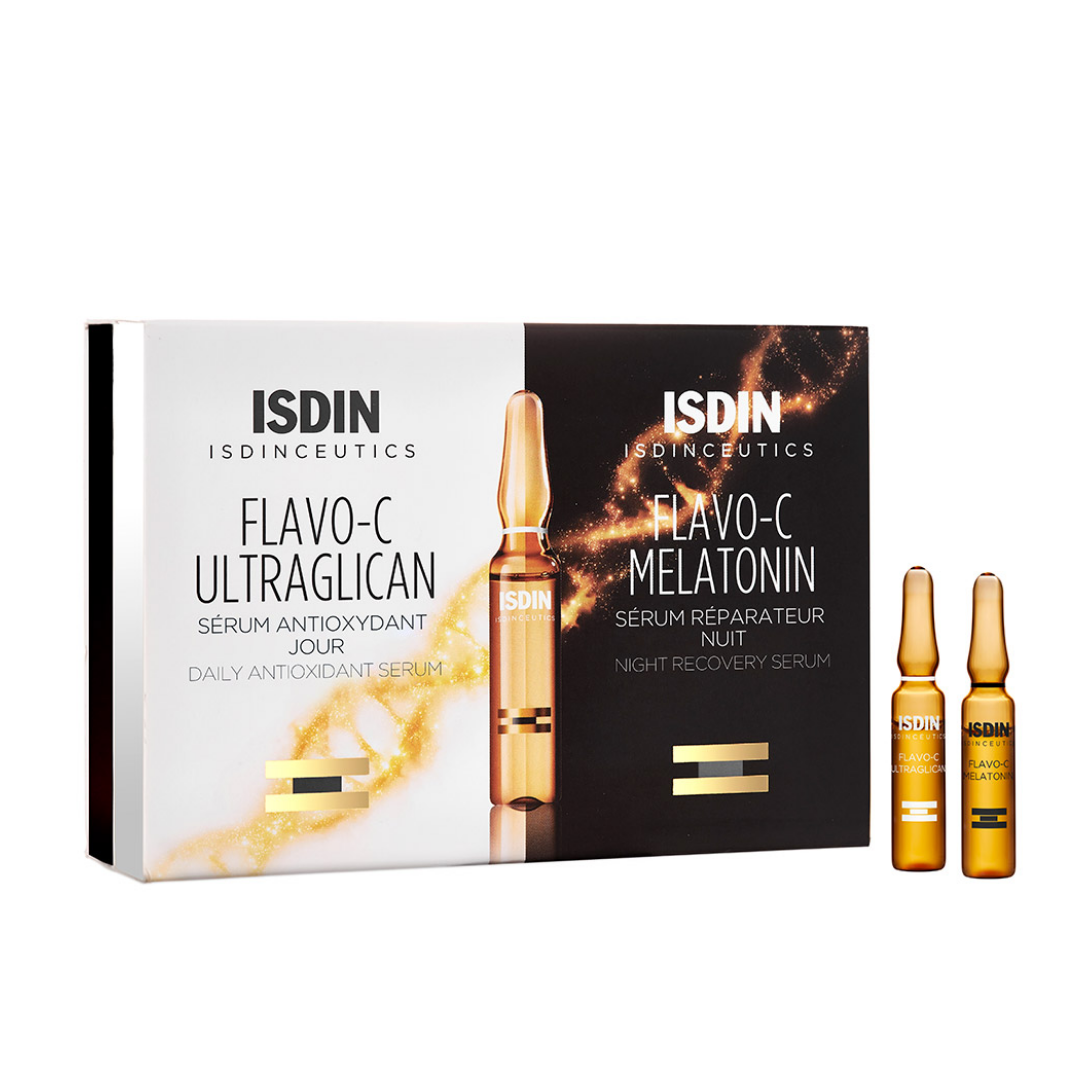 ISDIN ISDINCEUTICS Flavo-C Melatonin & Ultraglican 2x10 ampoules – Routine antioxydante jour/nuit – Disponible sur laparadulac.com – Laparadulac Parapharmacie Tunisie.

