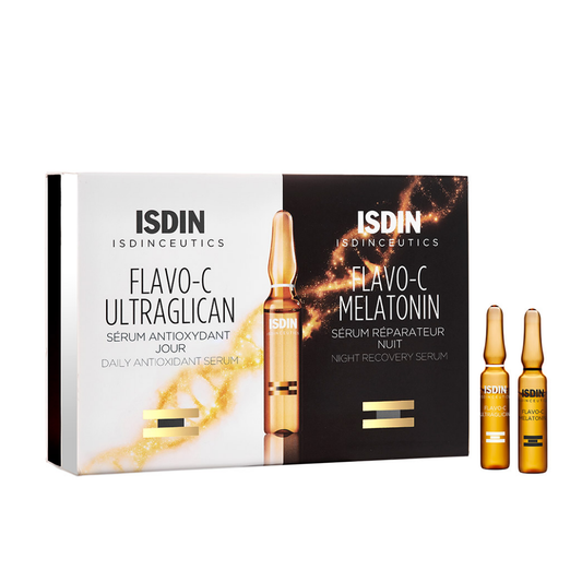 ISDIN ISDINCEUTICS Flavo-C Melatonin & Ultraglican 2x10 ampoules – Routine antioxydante jour/nuit – Disponible sur laparadulac.com – Laparadulac Parapharmacie Tunisie.

