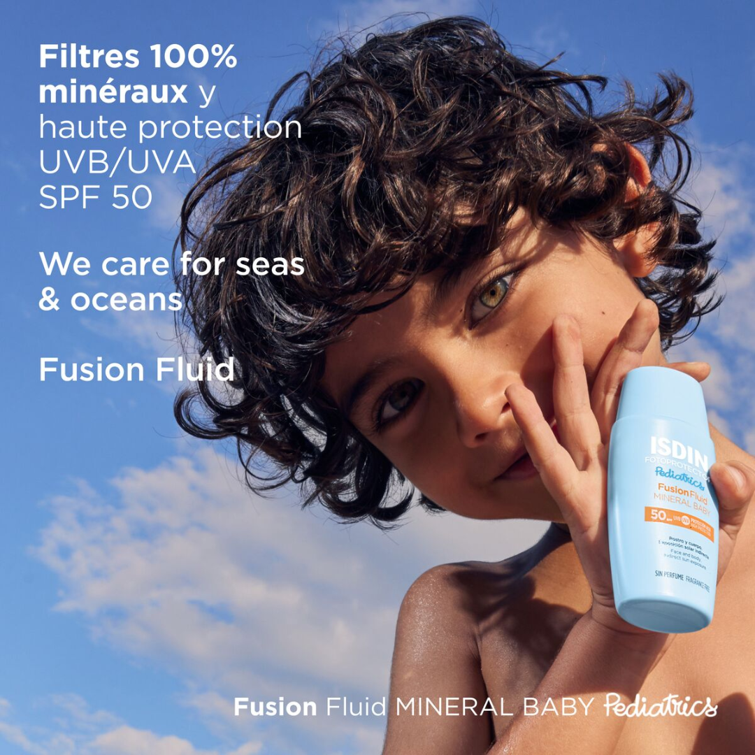 Crème solaire bébé ISDIN Mineral SPF50 disponible sur Laparadulac Parapharmacie Tunisie – haute protection minérale dès 6 mois.

