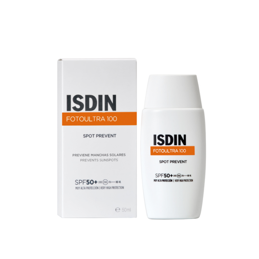 Crème solaire anti-taches ISDIN Fotoultra 100 Spot Prevent SPF 50+ – Laparadulac Parapharmacie Tunisie – Disponible sur laparadulac.com.

