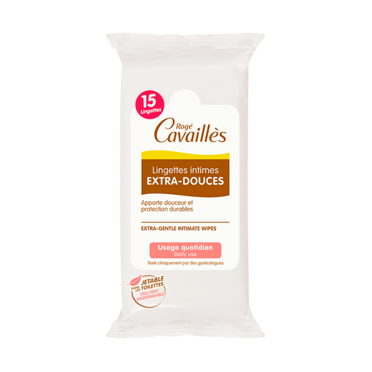 Lingettes intimes Rogé Cavaillès sécheresse 15 pièces sur laparadulac.com, parapharmacie Tunisie, hygiène douce et hydratation longue durée.

