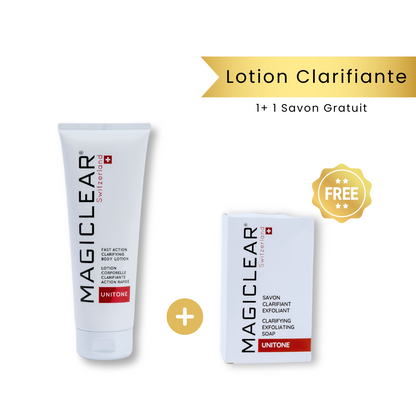 MAGICLEAR ® Pack Clarifiant : Body Lotion + 1 Savon Gratuit – Soin éclaircissant intense pour une peau lumineuse, uniforme et sans taches. Disponible sur La Para du Lac, la meilleure parapharmacie en Tunisie avec livraison rapide à Tunis et partout en Tunisie. Idéal pour un teint éclatant, hydraté et protégé. Commandez dès maintenant votre pack dépigmentant et clarifiant au meilleur prix !
