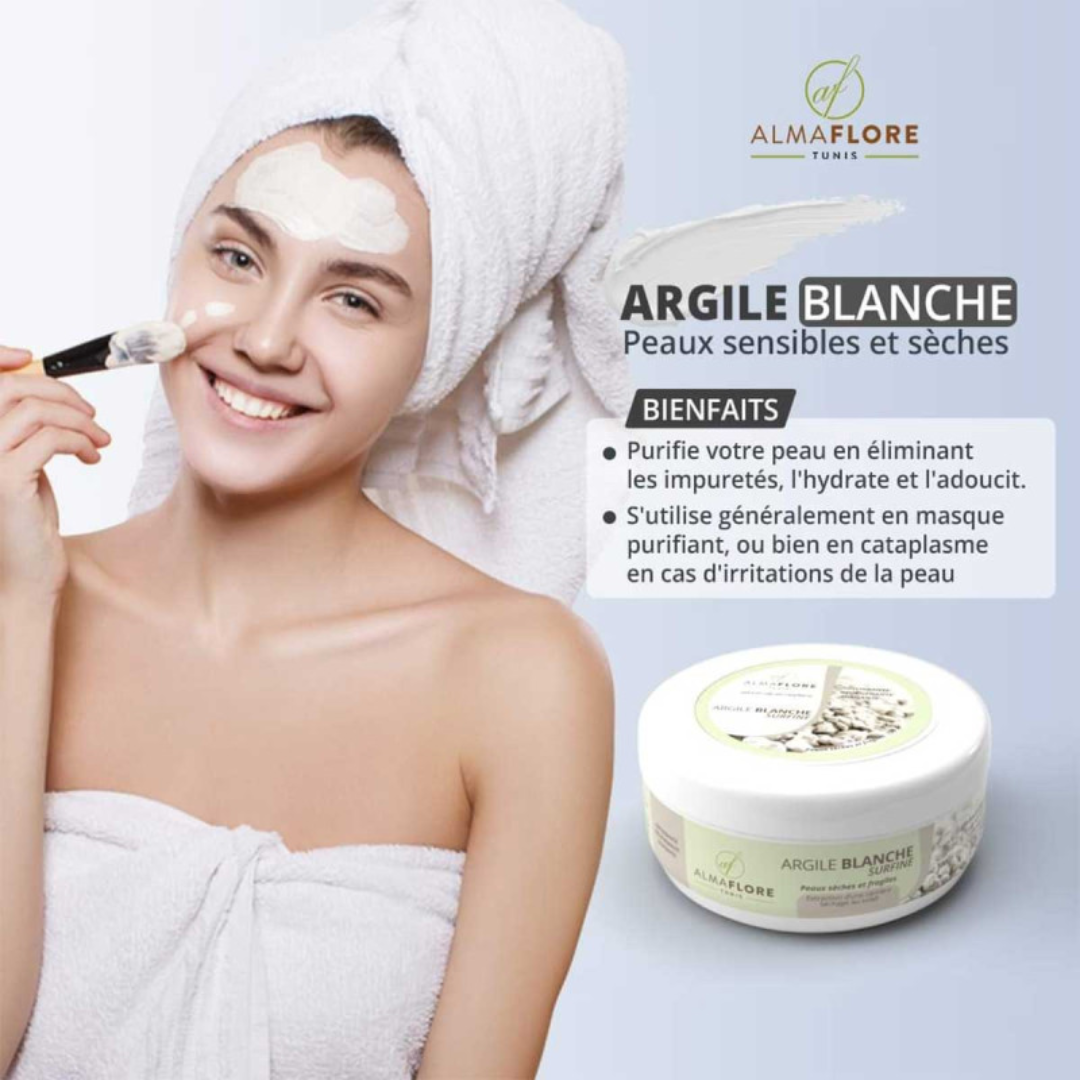 Argile blanche Almaflore 100g – soin visage purifiant et réparateur, disponible sur laparadulac.com, parapharmacie Tunisie.