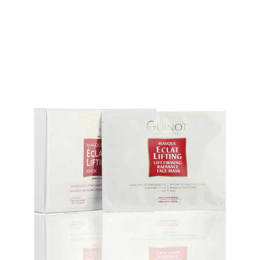 Guinot Masque Éclat Lifting 4x24ml tissu anti-âge effet immédiat - Disponible sur laparadulac.com, parapharmacie Tunisie pour peau fatiguée.

