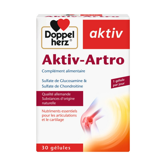 Complément articulations AKTIV Artro – glucosamine et chondroïtine pour cartilage sain – disponible sur laparadulac.com, parapharmacie Tunisie.


