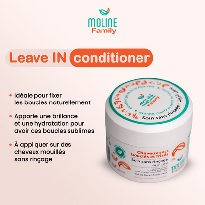 Moline Family Soin Sans Rinçage 250ml sur laparadulac.com, parapharmacie Tunisie : soin hydratant pour cheveux bouclés, aloe vera et huiles naturelles.