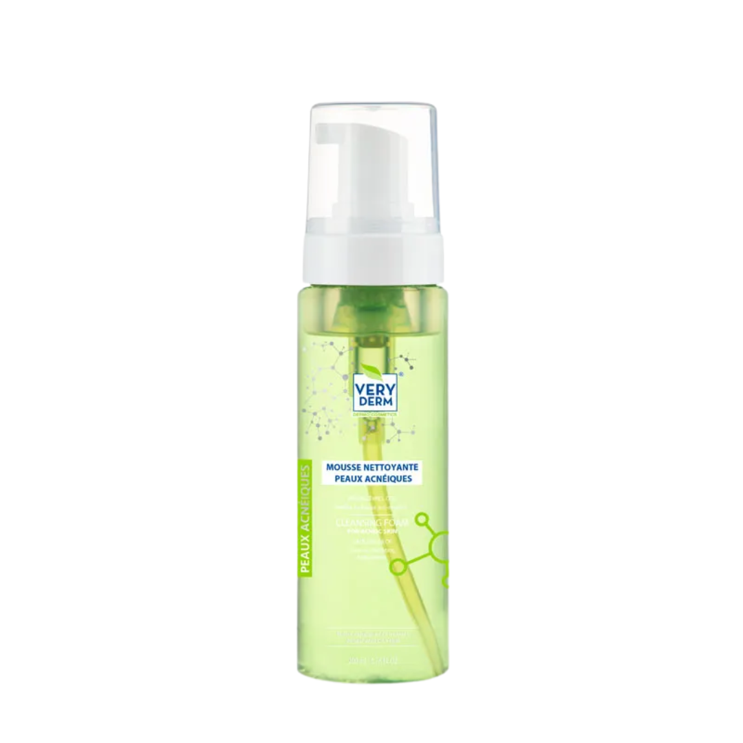 Very Derm Mousse Anti‑Acné (clou de girofle & géranium) 200 ml – nettoyer & purifie les peaux acnéiques, disponible sur laparadulac.com, parapharmacie Tunisie.

