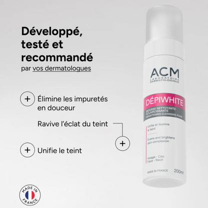 "ACM Dépiwhite mousse nettoyante 200 ml sur laparadulac.com, parapharmacie Tunisie, soin éclaircissant pour un nettoyage doux et efficace du visage."


