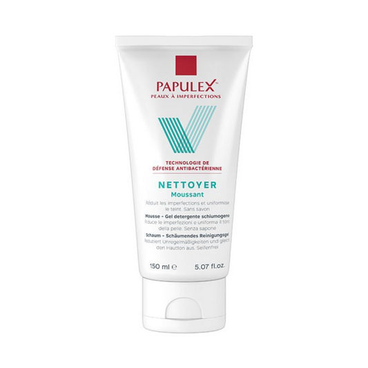 Gel nettoyant Papulex pour peaux acnéiques sur laparadulac.com, parapharmacie Tunisie, idéal pour une routine purifiante.

