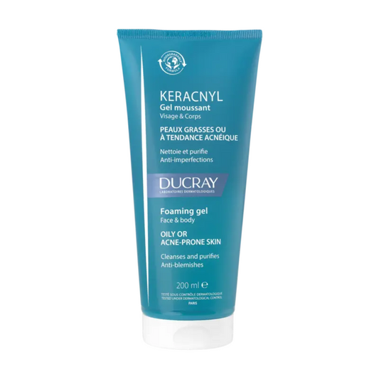 DUCRAY Keracnyl Gel Moussant 200ml – nettoyant anti-imperfections sur laparadulac.com, parapharmacie Tunisie pour peaux à tendance acnéique.

