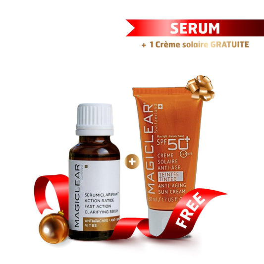 Pack Magiclear anti-taches : sérum clarifiant Vit B3 + crème solaire anti-âge teintée SPF50+ offerte, soin visage, éclat et protection UV, Tunisie.