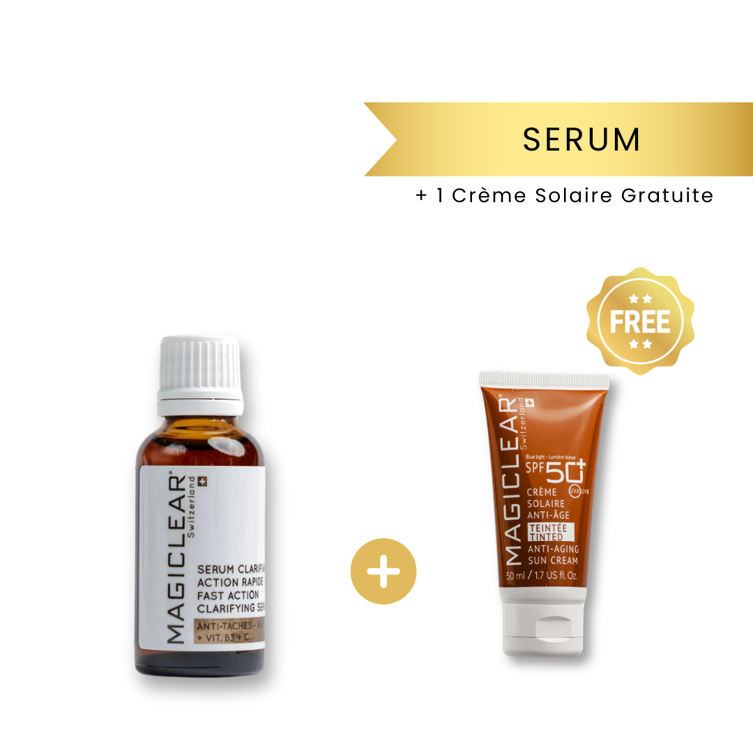 Pack Magiclear anti-taches : sérum clarifiant Vit B3 + crème solaire anti-âge teintée SPF50+ offerte, soin visage, éclat et protection UV, Tunisie.