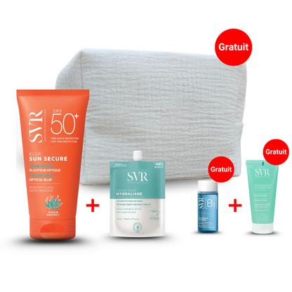 Pack SVR SUN SECURE Blur SPF50+ + Hydraline Crème + 3 cadeaux exclusifs. Sur laparadulac.com, meilleure parapharmacie en Tunisie & en ligne pas chère.
