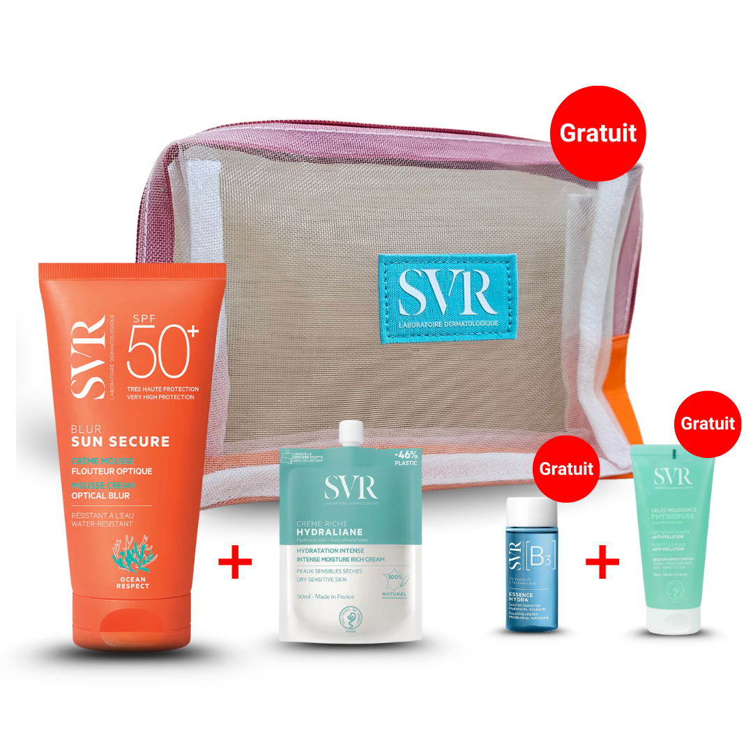 Pack SVR SUN SECURE Blur SPF50+ + Hydraline Crème + 3 cadeaux exclusifs. Sur laparadulac.com, meilleure parapharmacie en Tunisie & en ligne pas chère.