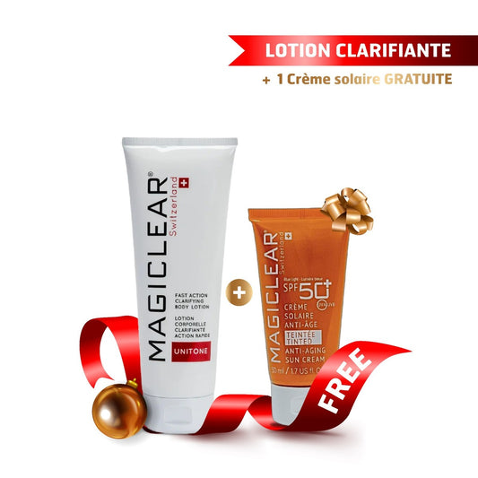Pack Magiclear Tunisie : lotion corporelle clarifiante Unitone anti-taches + crème solaire anti-âge teintée SPF50+ offerte, unifie le teint du corps et protège des UV.