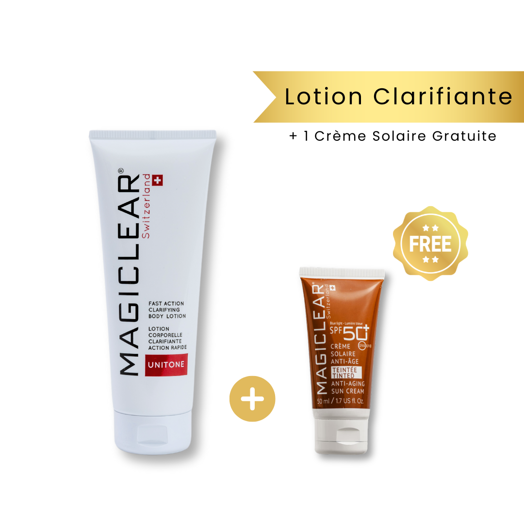 Pack Magiclear Tunisie : lotion corporelle clarifiante Unitone anti-taches + crème solaire anti-âge teintée SPF50+ offerte, unifie le teint du corps et protège des UV.