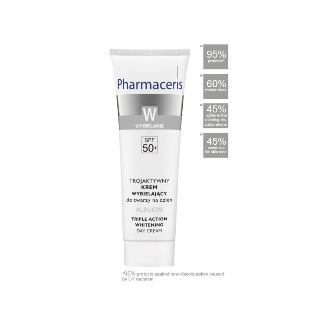 Image de la crème PHARMACERIS Albucin Triple Action SPF50+ 30 ml sur laparadulac.com, parapharmacie Tunisie – soin anti-taches et éclaircissant.

