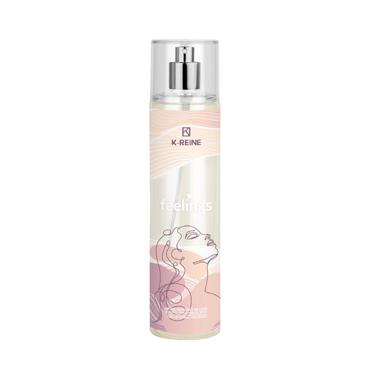 Brume parfumée K-Reine Feelings 230ml pour cheveux et corps, en vente sur laparadulac.com — parapharmacie Tunisie. Fraîcheur et luxe en une vaporisation.

