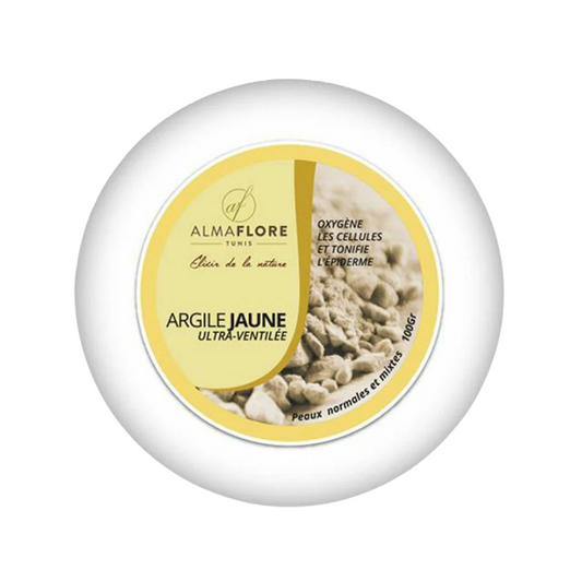 Masque gommage argile jaune Almaflore 100g – soin peau sensible à base de plantes, disponible sur laparadulac.com, parapharmacie Tunisie.