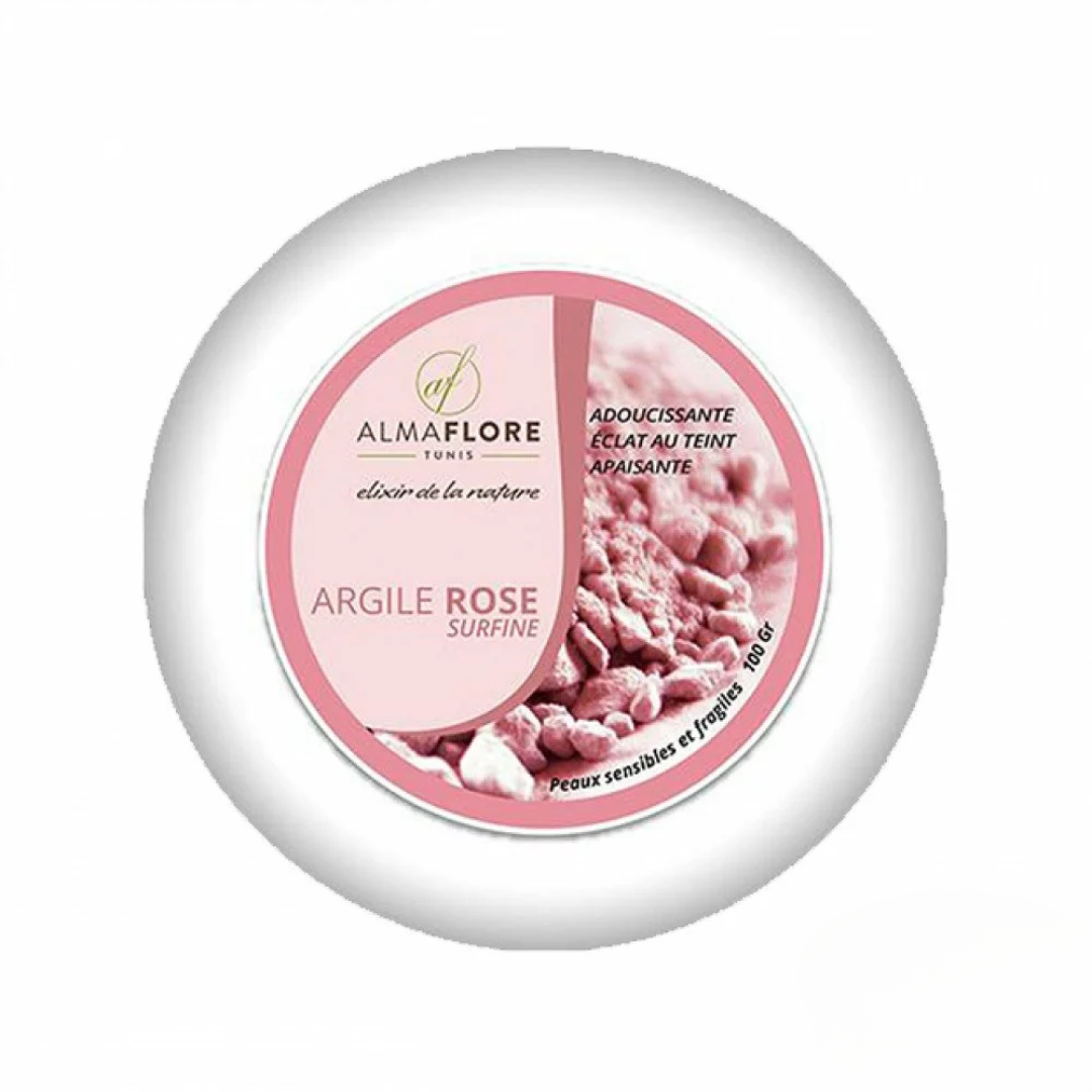 Argile rose Almaflore 100g – soin visage apaisant et régénérant sur laparadulac.com, parapharmacie Tunisie.