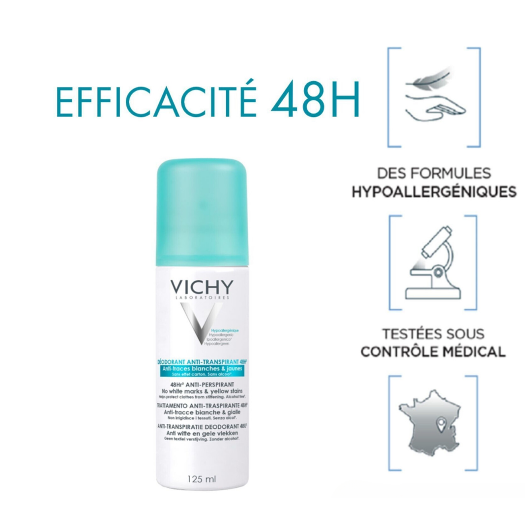 Vichy Spray anti-transpirant 48h, anti-traces jaunes et blanches, idéal pour peaux sensibles.

