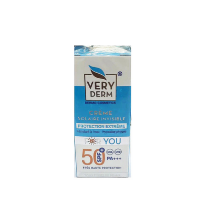 Very Derm Crème solaire SPF50+ invisible 50 ml – protection solaire visage hydratante, en vente sur laparadulac.com, parapharmacie Tunisie.

