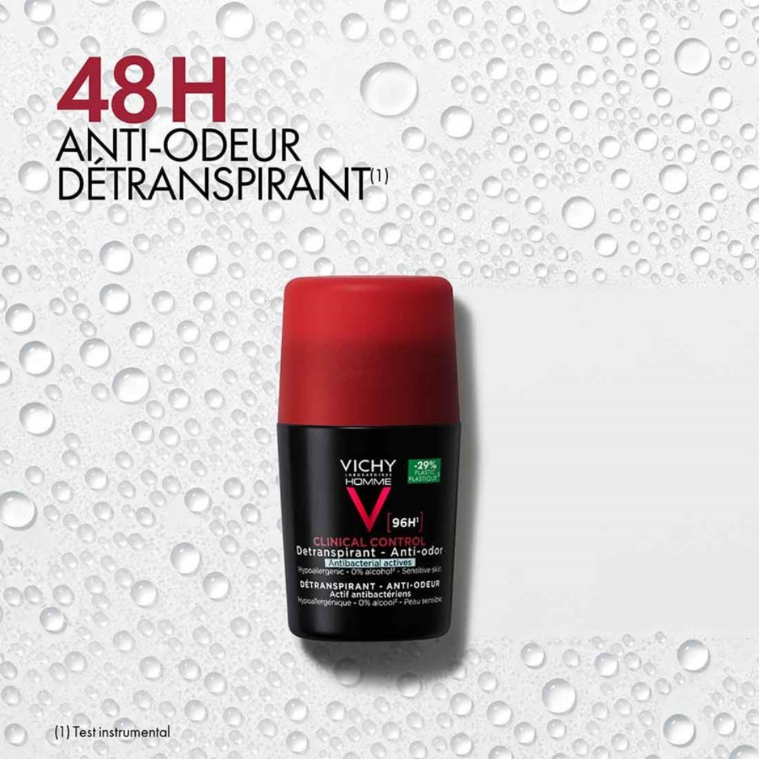 Vichy Clinical Control 96h pour homme, déodorant anti-transpirant ultra longue durée pour transpiration excessive.

