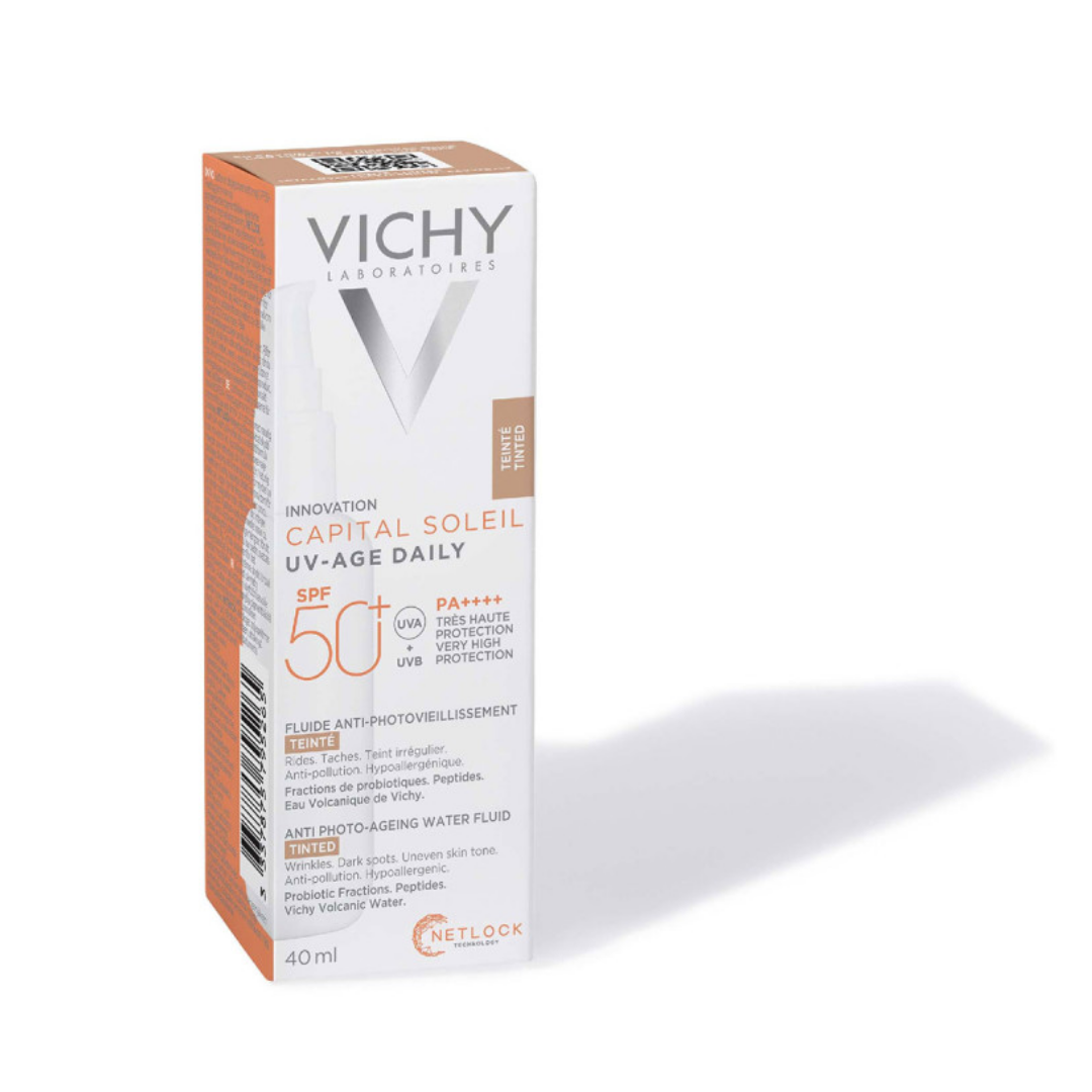 Fluide anti-âge UV-Age Daily Vichy SPF 50+ sur laparadulac.com, parapharmacie Tunisie pour photoprotection visage à Tunis.


