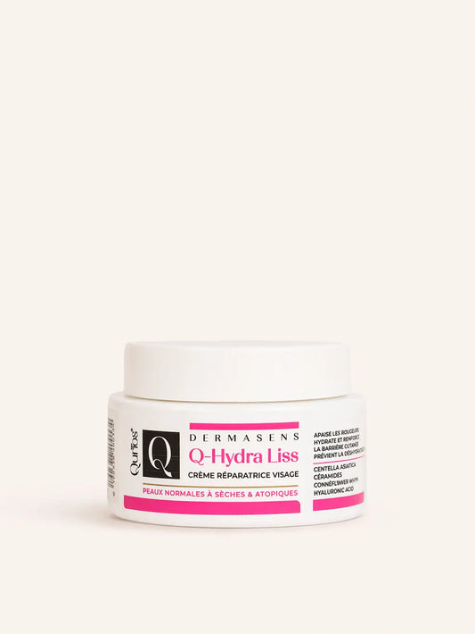 Qurios Q-Hydra Liss Crème Réparatrice 50 ml, soin visage pour peaux normales à sèches.
