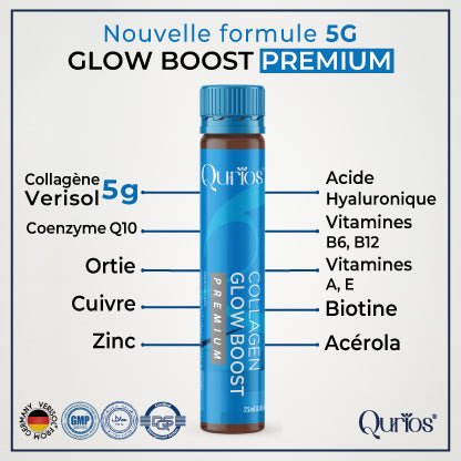 Shot collagene Qurios Glow Boost – complément beauté, aide à améliorer élasticité, éclat et peau plus lisse (selon usage), disponible en Tunisie, livraison à domicile.