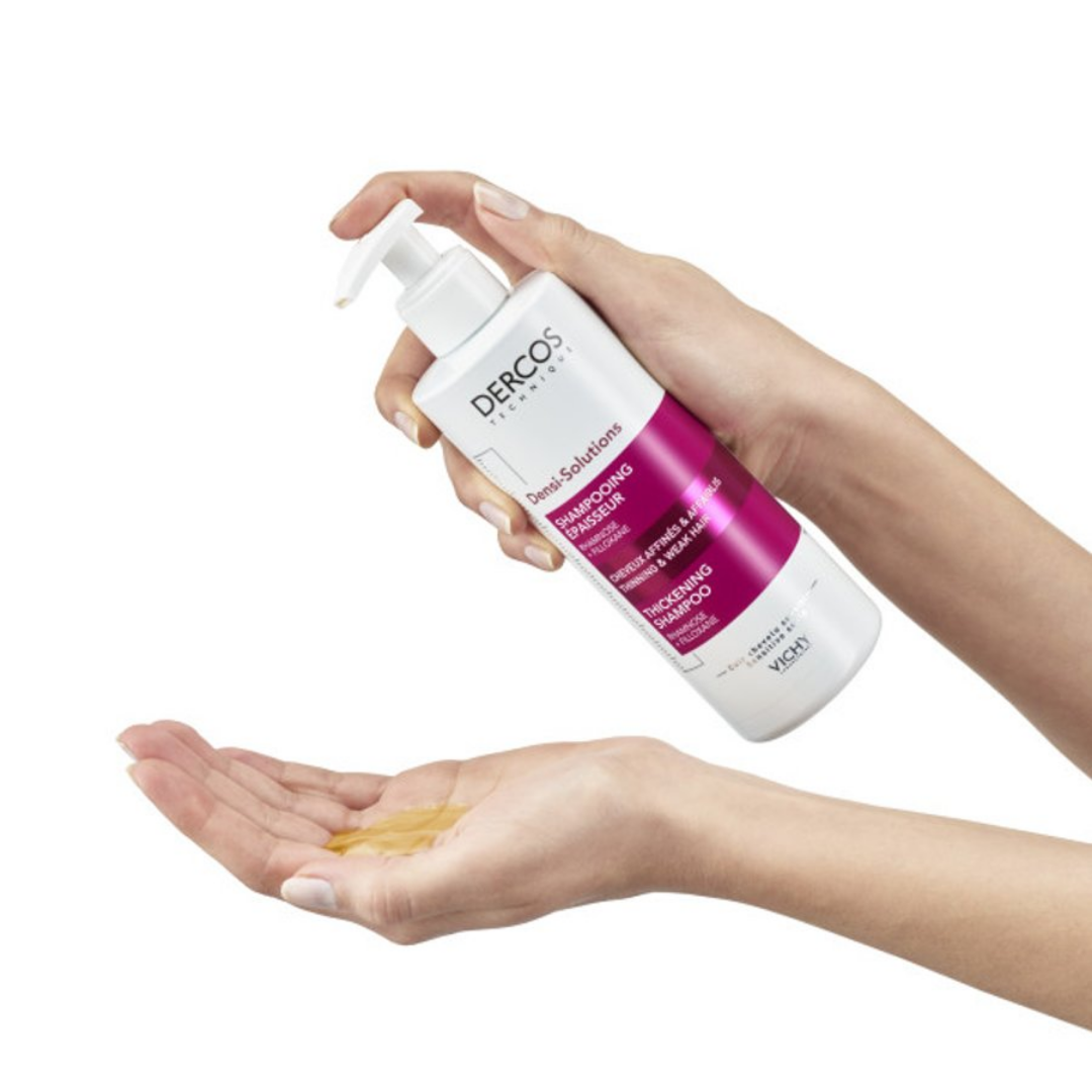 Shampooing densifiant Vichy Dercos Densi-Solutions pour cuir chevelu et cheveux fins.

