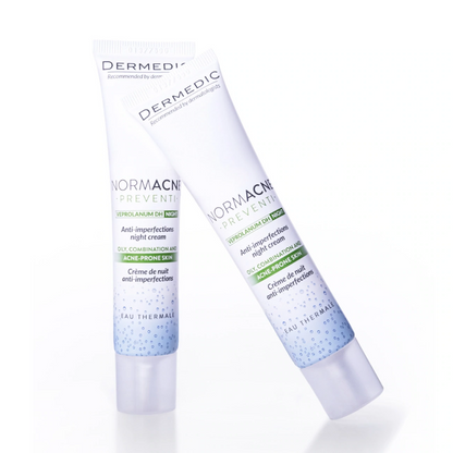 Crème de nuit anti-imperfections Dermedic Normacne Preventi sur laparadulac.com, parapharmacie Tunisie pour peau à tendance acnéique.