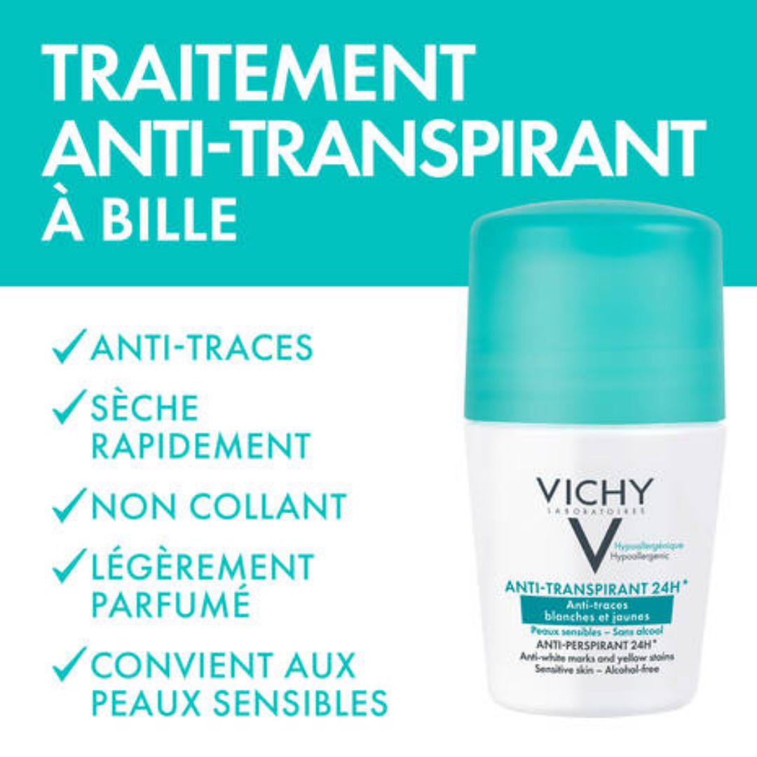 Déodorant anti-traces Vichy 24h pour homme et femme, protection sans résidus sur vêtements.


