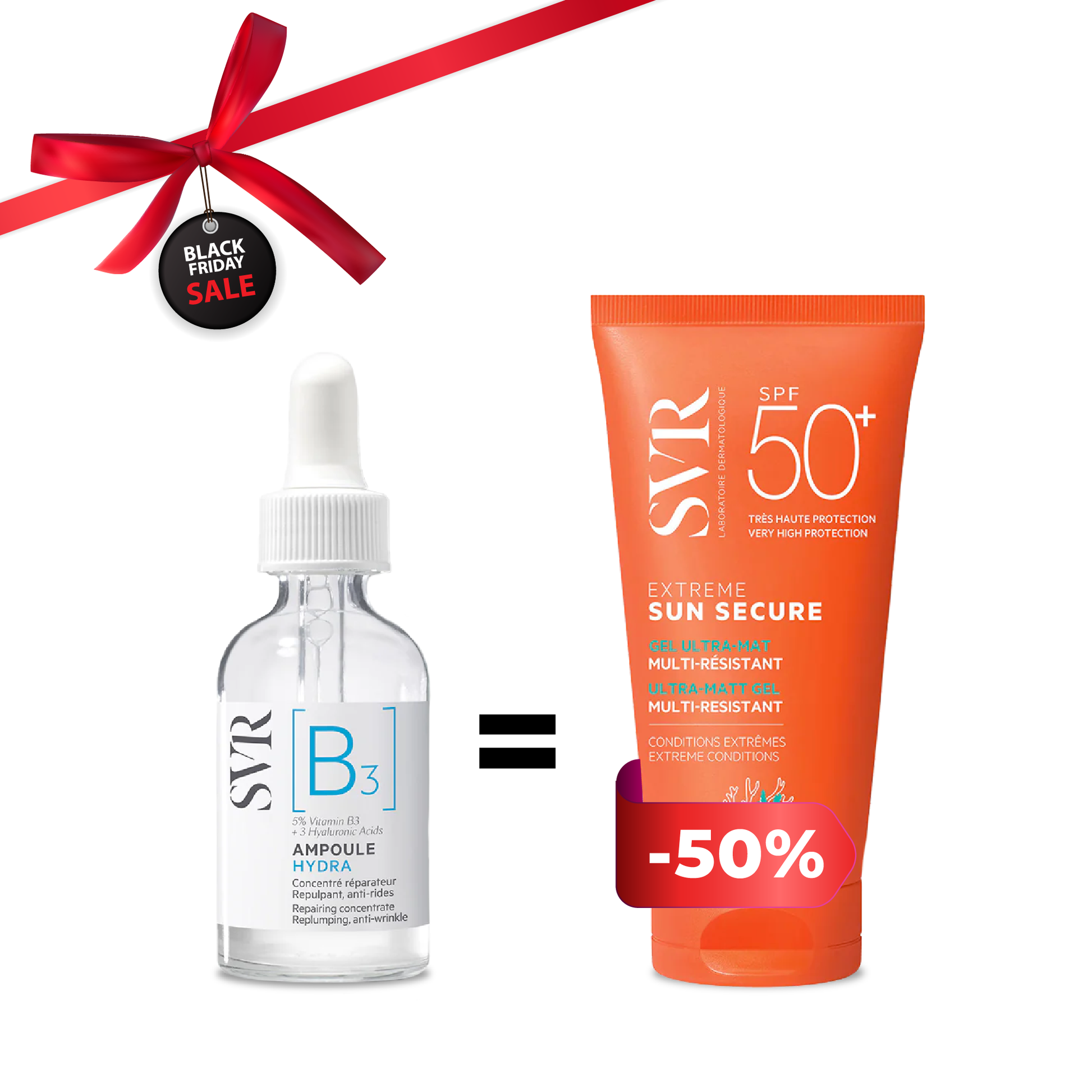 Photo pack SVR Vitamine A, B ou C avec Sun Secure SPF 50+, routine visage éclat et anti-taches, vente parapharmacie en ligne Tunisie