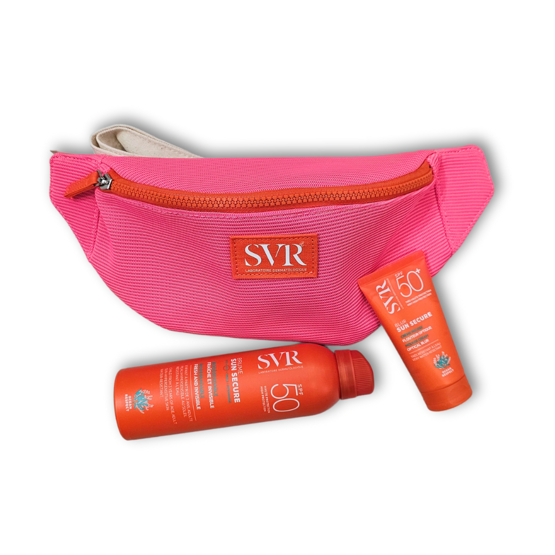 Coffret solaire SVR BANANA – Blur + Brume SPF50+ 200ml + trousse offerte. En vente sur laparadulac.com, parapharmacie Tunisie.