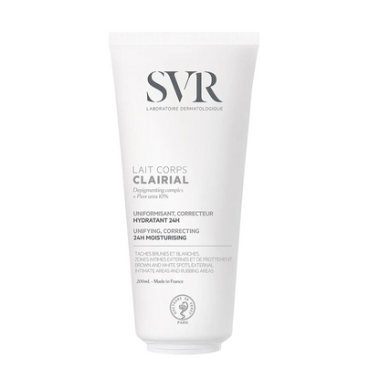 Lait de corps anti-taches SVR Clairial 200ml sur laparadulac.com – parapharmacie Tunisie pour unifier, hydrater et illuminer le teint.

