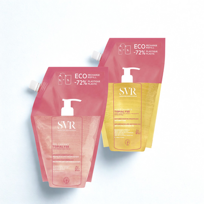 Photo du pack SVR complet disponible sur laparadulac.com : nettoyant 1L au choix (Topialyse gel ou huile lavante) + protection solaire SPF50+ SVR (Blur, teintée ou Sensifine AR) avec 2 cadeaux offerts. Vente parapharmacie en Tunisie, livraison express.