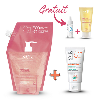 Photo du pack SVR complet disponible sur laparadulac.com : nettoyant 1L au choix (Topialyse gel ou huile lavante) + protection solaire SPF50+ SVR (Blur, teintée ou Sensifine AR) avec 2 cadeaux offerts. Vente parapharmacie en Tunisie, livraison express.