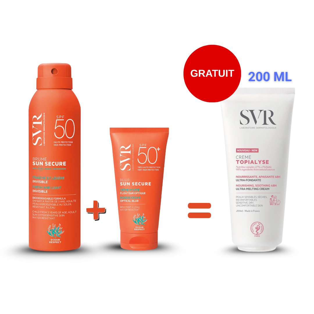 SVR PACK SUN SECURE Brume + Blur crème mousse + crème Topialise 200ml Gratuite