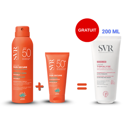 SVR PACK SUN SECURE Brume + Blur crème mousse + crème Topialise 200ml Gratuite