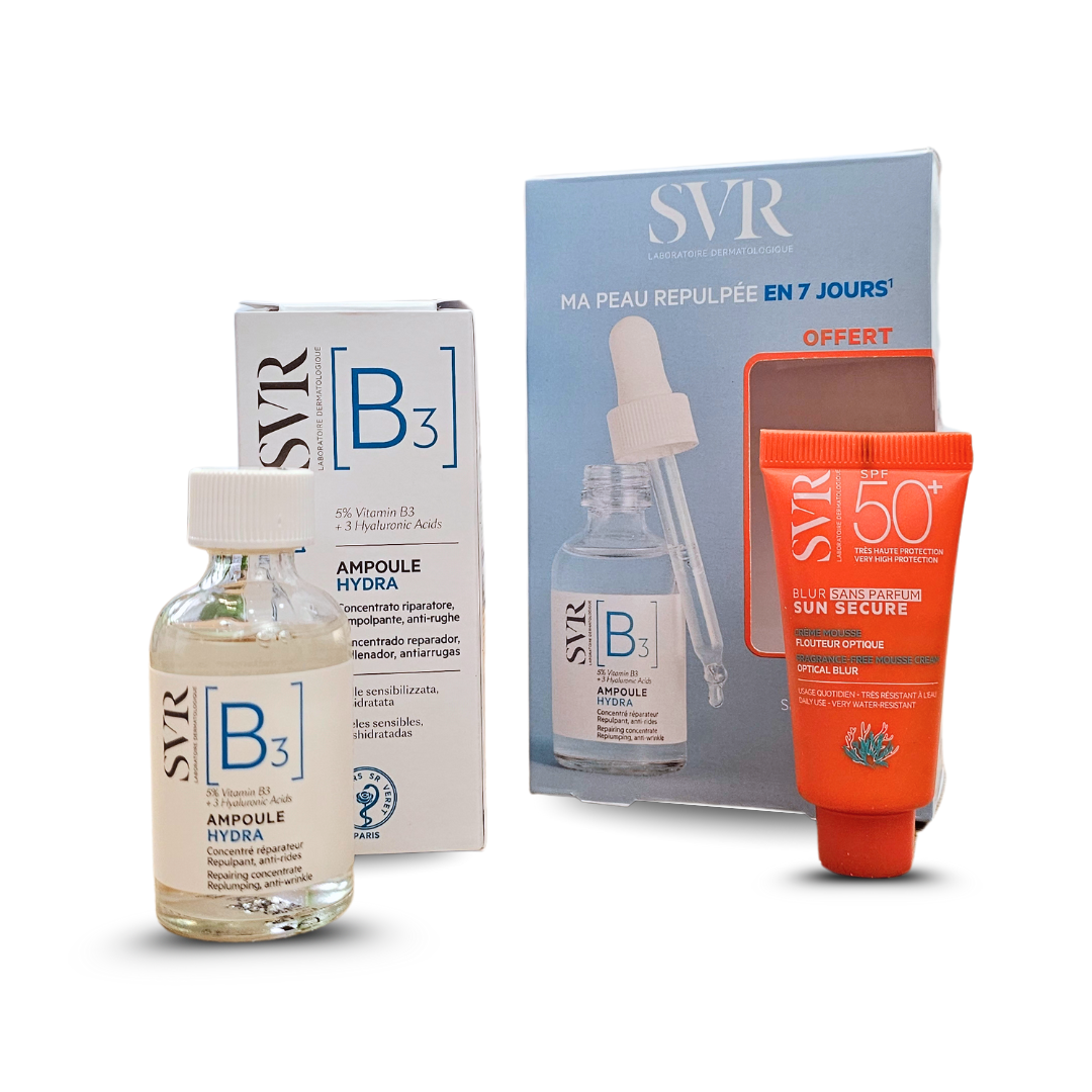 Coffret SVR Ampoule B Hydra + Blur sans parfum 15ml – hydratation intense et protection solaire. Sur laparadulac.com, parapharmacie N°1 en Tunisie.