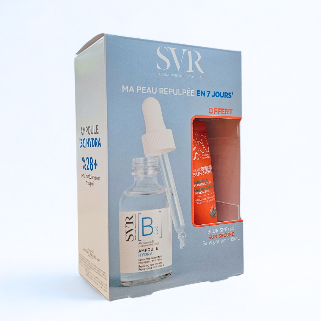 Coffret SVR Ampoule B Hydra + Blur sans parfum 15ml – hydratation intense et protection solaire. Sur laparadulac.com, parapharmacie N°1 en Tunisie.