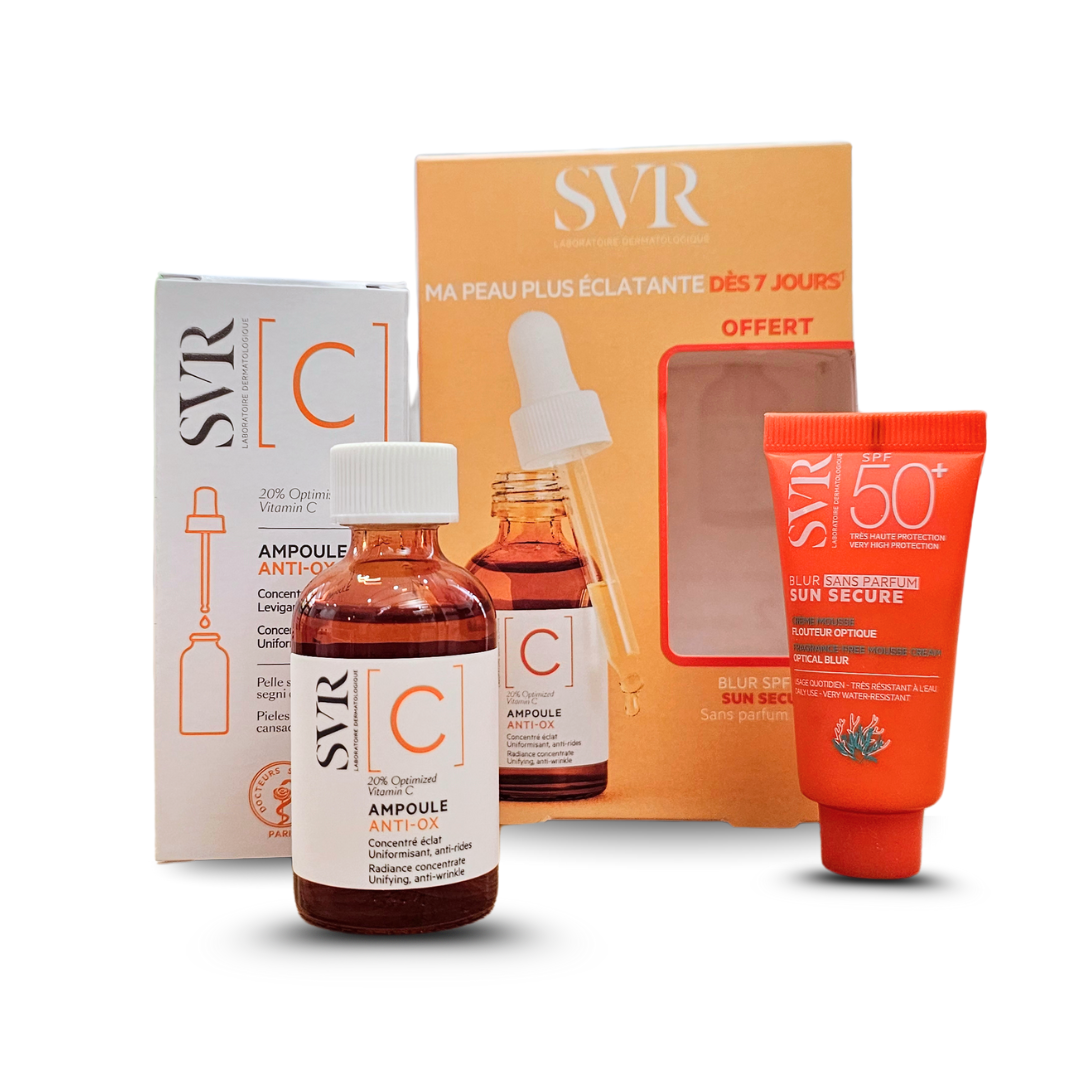 Coffret SVR Ampoule C Anti-Ox + Blur sans parfum 15ml – soin éclat antioxydant et protection solaire. Sur laparadulac.com, parapharmacie de référence en Tunisie.