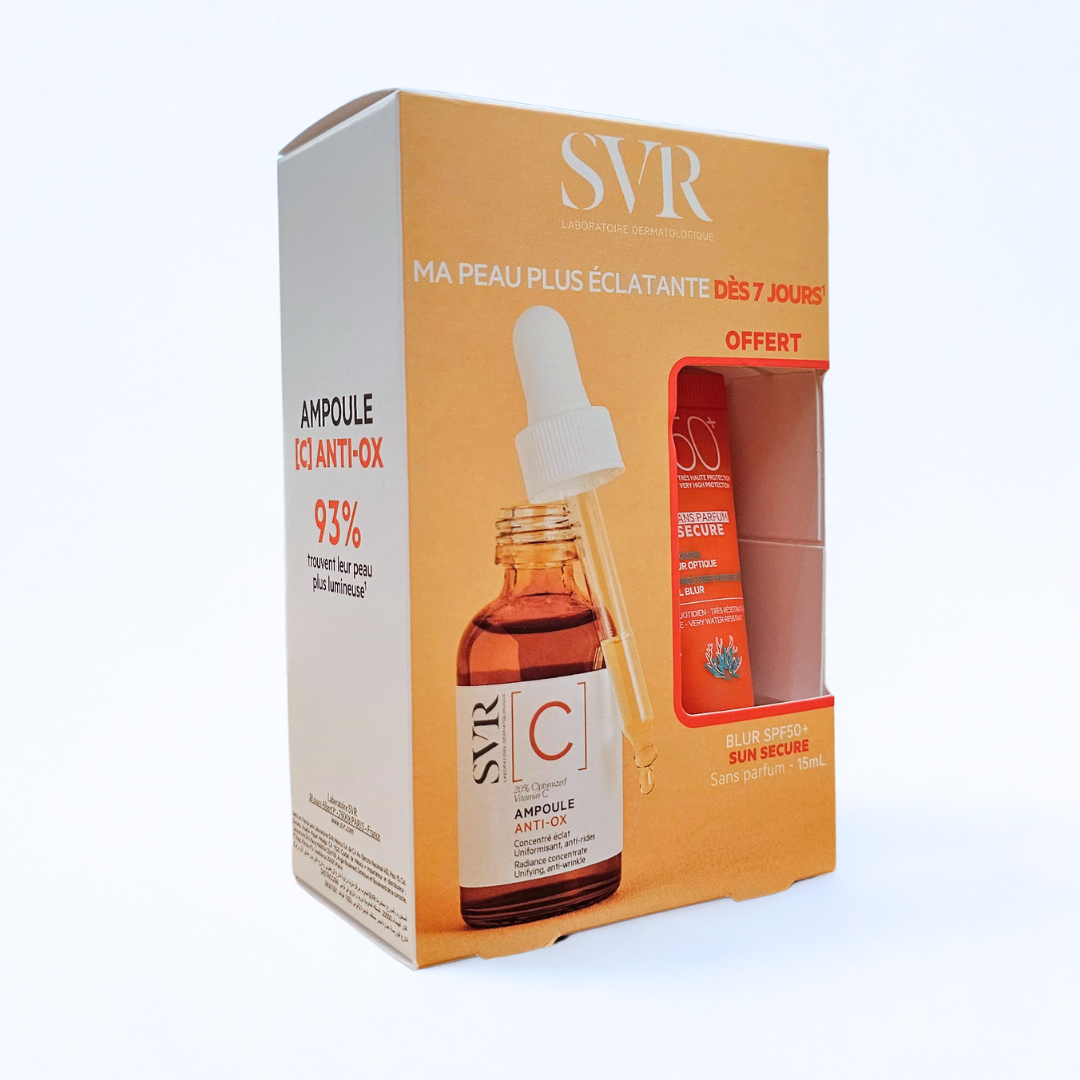 Coffret SVR Ampoule C Anti-Ox + Blur sans parfum 15ml – soin éclat antioxydant et protection solaire. Sur laparadulac.com, parapharmacie de référence en Tunisie.