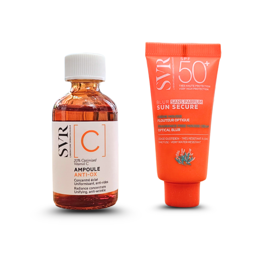 Coffret SVR Ampoule C Anti-Ox + Blur sans parfum 15ml – soin éclat antioxydant et protection solaire. Sur laparadulac.com, parapharmacie de référence en Tunisie.