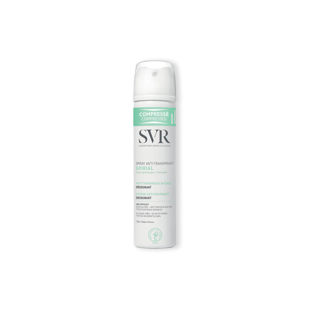 SVR Spirial Spray Anti-Transpirant – Déodorant 48h pour peaux sensibles – Disponible sur La Para du Lac, parapharmacie en ligne N°1 en Tunisie.